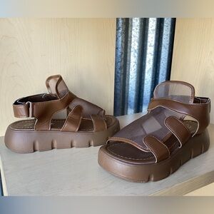 Hook-and-loop Fastener Flatform Ankle Strap Brown Sandals for Women Size35 (5.5)